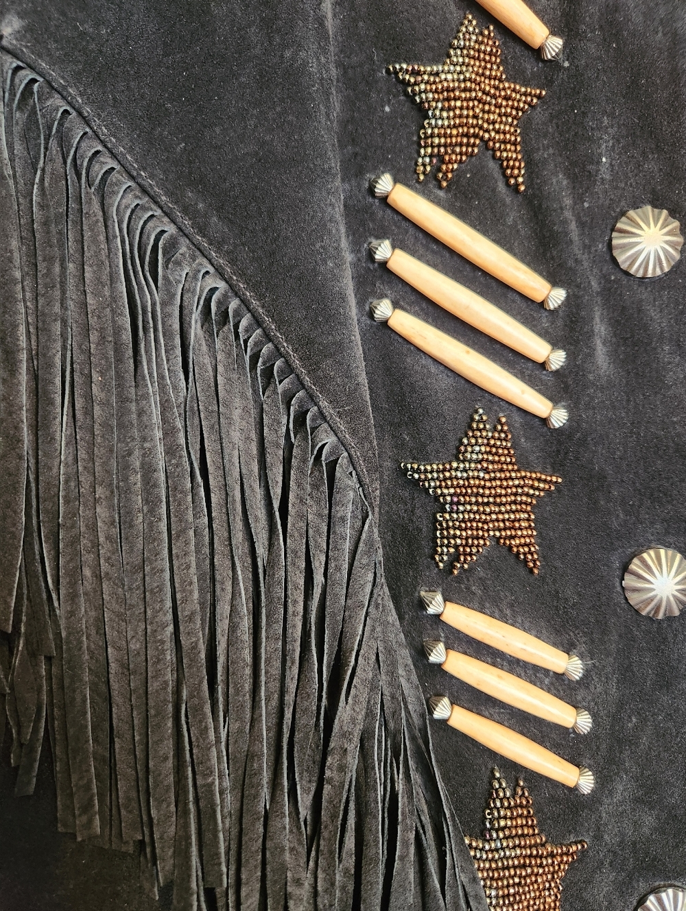 VINTAGE CRIPPLE CREEK BLACK SUEDE LEATHER WESTERN FRINGE BONE BEAD JACKET MEDIUM - Picture 3 of 14
